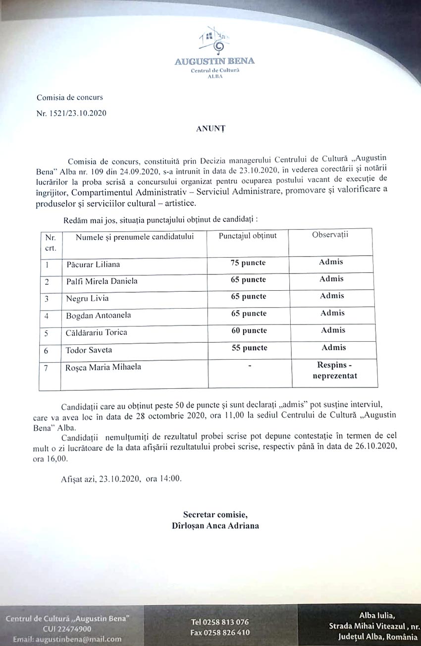 Anunt proba scrisa ingrijitor